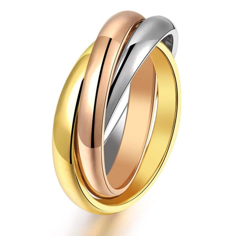 JAJAFOOK Women's Stainless Steel Gold-tone Silver-tone Rose-tone Triple Band Interlocked Rolling Ring (Rose Gold Tri-Color, 6) - Image 1